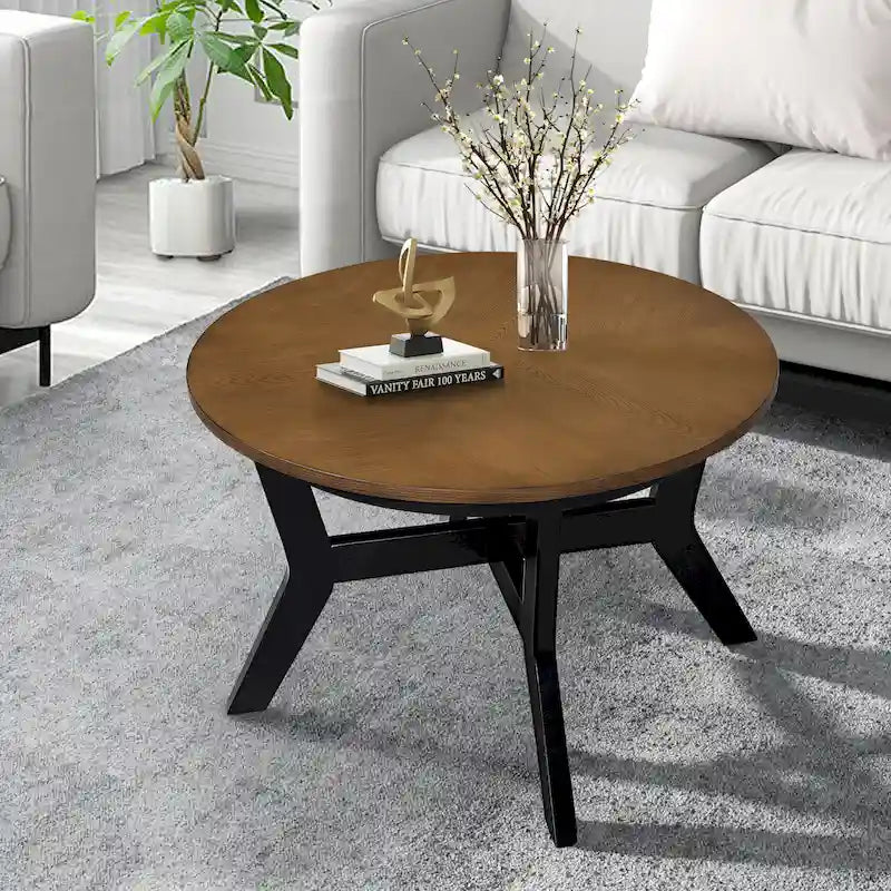 Farmhouse Wood Round Coffee Table with 4 Soild Wood Legs