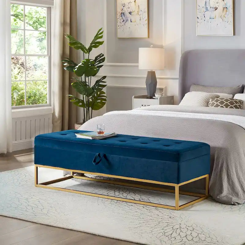 Button Tufting Velvet Storage Bench with Gold Metal Base