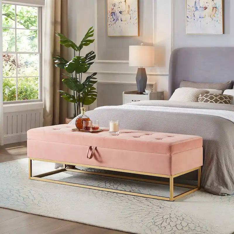 Button Tufting Velvet Storage Bench with Gold Metal Base