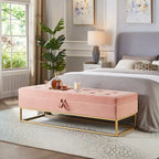 Button Tufting Velvet Storage Bench with Gold Metal Base