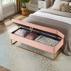 Button Tufting Velvet Storage Bench with Gold Metal Base