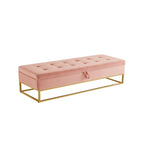 Button Tufting Velvet Storage Bench with Gold Metal Base