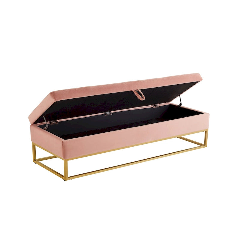 Button Tufting Velvet Storage Bench with Gold Metal Base