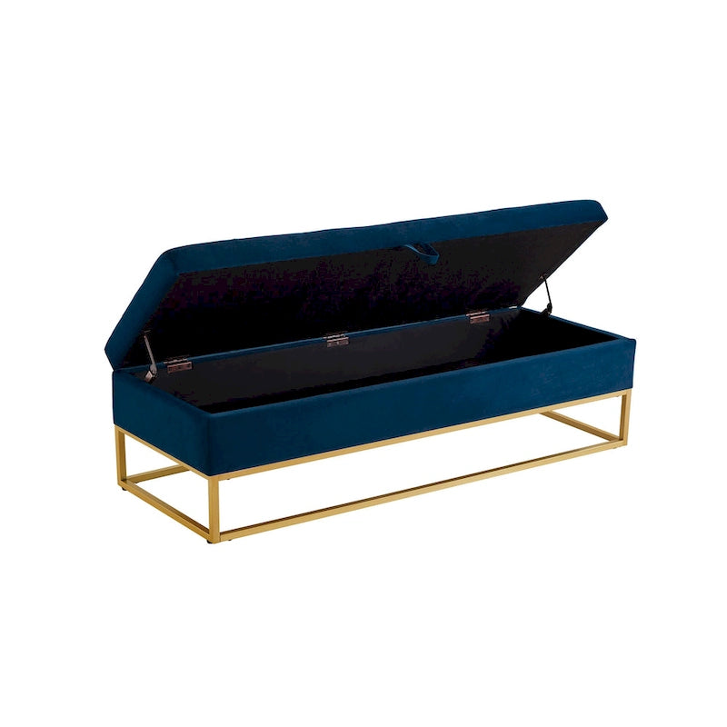 Button Tufting Velvet Storage Bench with Gold Metal Base