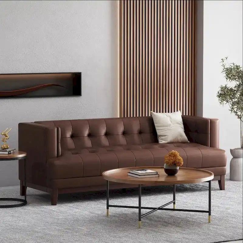 Dark Brown 80.75 Modern Button Tufted 3-Seater Sofa with Wood Legs