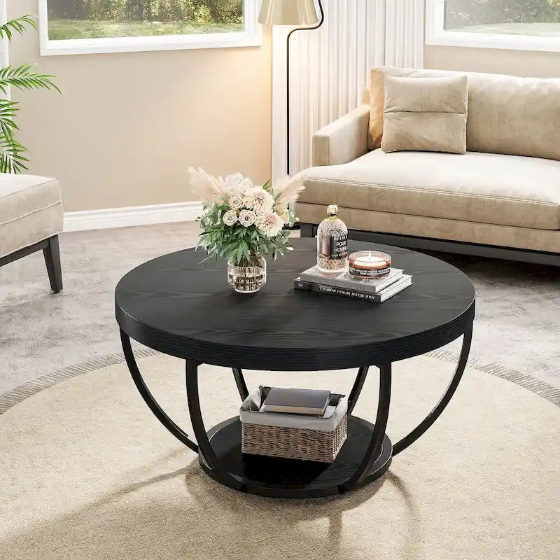 Wooden Coffee Table, 2-Tier Round Central Cocktail Table with Shelves