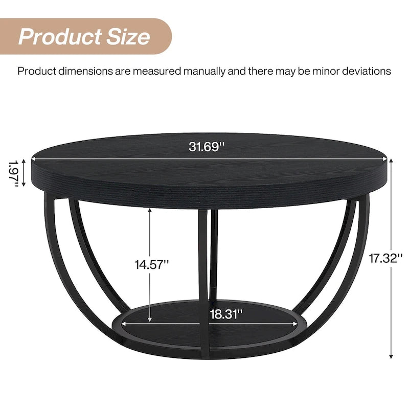 Wooden Coffee Table, 2-Tier Round Central Cocktail Table with Shelves