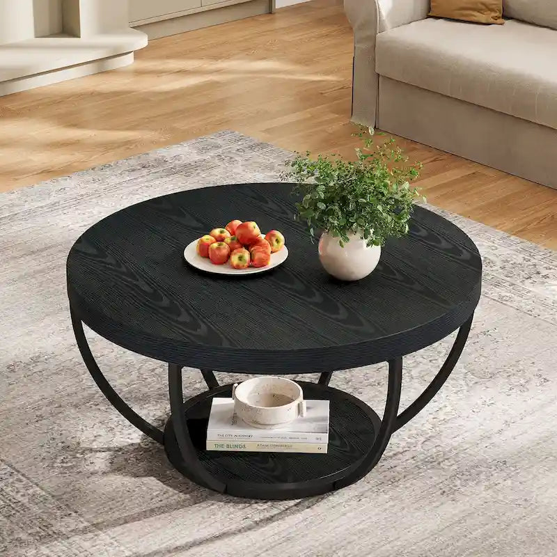 Wooden Coffee Table, 2-Tier Round Central Cocktail Table with Shelves