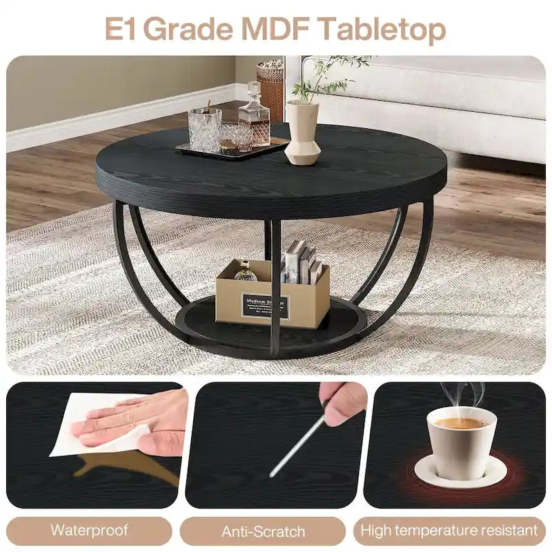 Wooden Coffee Table, 2-Tier Round Central Cocktail Table with Shelves