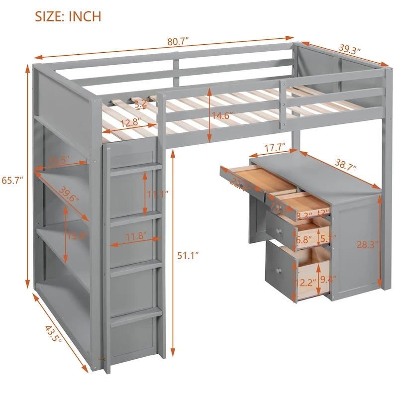 Twin Size Loft Bed with Ladder, Shelves, and Desk
