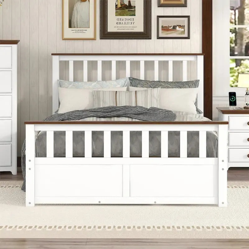 Wood Slat Platform Bed Frame with Vertical Hollows Headboard and Footboard, Low Profile Bed, Panel Bed 2 Drawers