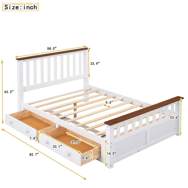 Wood Slat Platform Bed Frame with Vertical Hollows Headboard and Footboard, Low Profile Bed, Panel Bed 2 Drawers