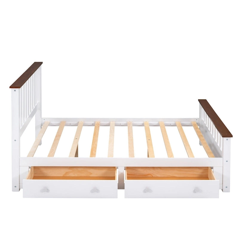 Wood Slat Platform Bed Frame with Vertical Hollows Headboard and Footboard, Low Profile Bed, Panel Bed 2 Drawers