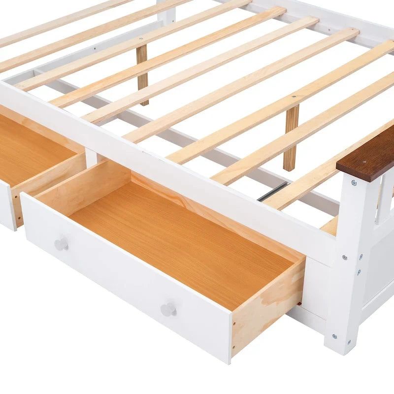 Wood Slat Platform Bed Frame with Vertical Hollows Headboard and Footboard, Low Profile Bed, Panel Bed 2 Drawers