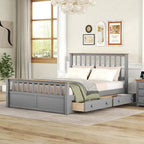 Wood Slat Platform Bed Frame with Vertical Hollows Headboard and Footboard, Low Profile Bed, Panel Bed 2 Drawers