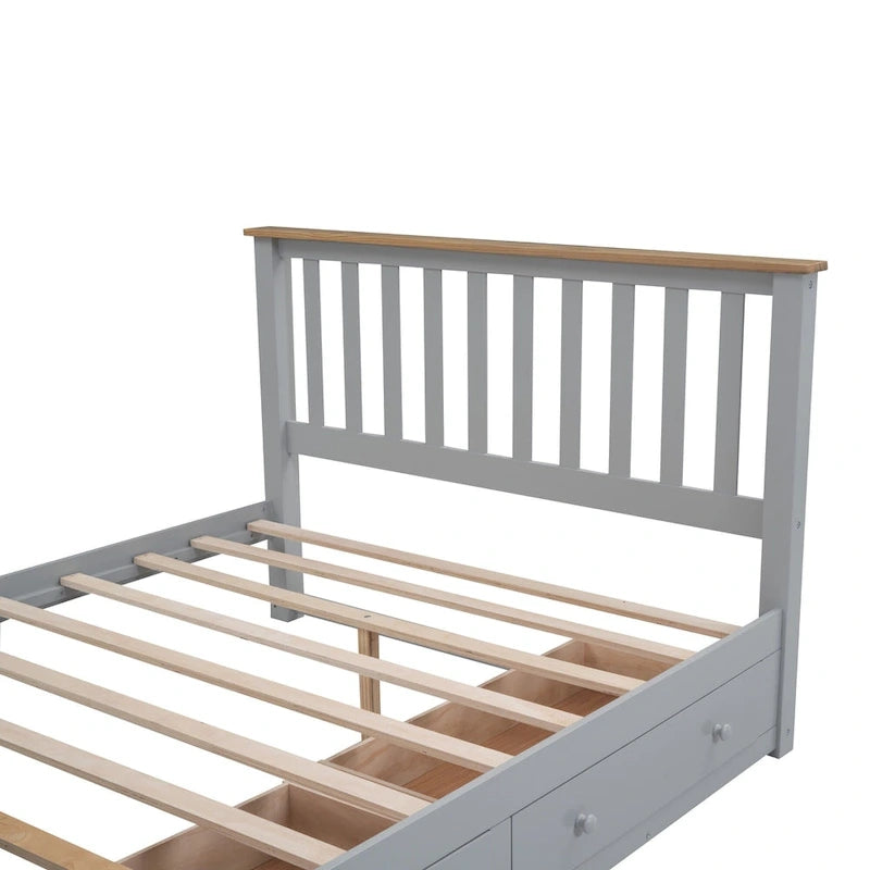 Wood Slat Platform Bed Frame with Vertical Hollows Headboard and Footboard, Low Profile Bed, Panel Bed 2 Drawers