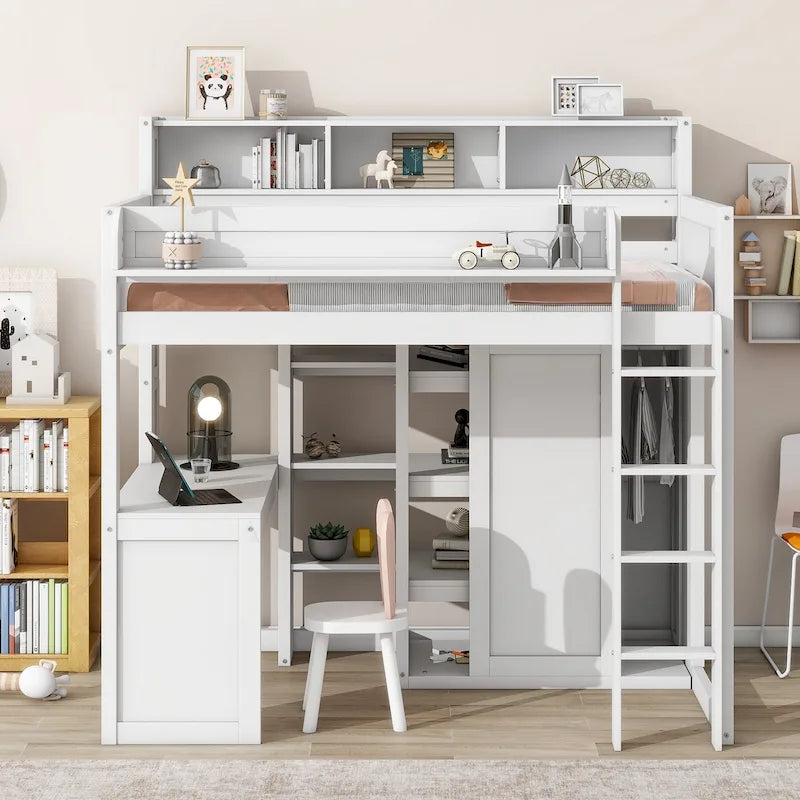 Twin Loft Bed w/Storage Shelves, Under-Bed Desk, Wooden Bed Frames