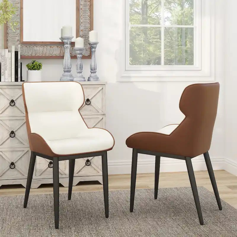 Set of 2 PU Upholstered Dining Chairs Modern Solid Back Chairs with Black Metal Legs