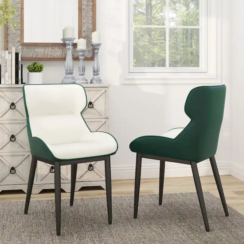 Set of 2 PU Upholstered Dining Chairs Modern Solid Back Chairs with Black Metal Legs