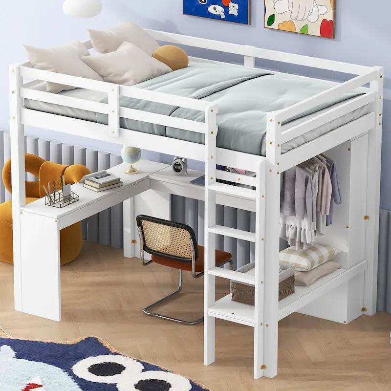 Twin Size Loft Bed Frame with L Shaped Desk, Wardrobe and Shelves