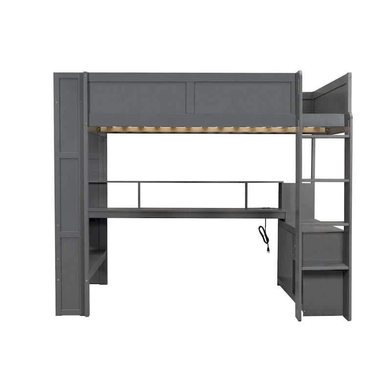 Wood Twin Size Gaming Loft Bed with Desk, Multi-storage Shelves, LED and Charging Station, Dark Gray