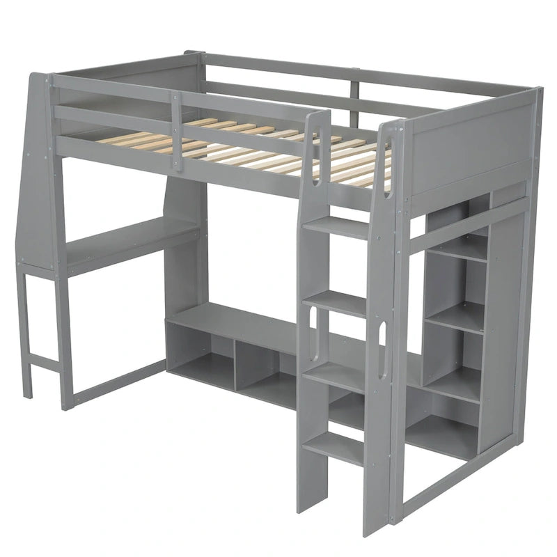 Twin Size Loft Bed Mulfunctional Wood Loft Bed w/Desk, Multi-storage Shelves, LED and Hanging Clothes Rack, No Box Spring Needed