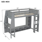 Twin Size Loft Bed Mulfunctional Wood Loft Bed w/Desk, Multi-storage Shelves, LED and Hanging Clothes Rack, No Box Spring Needed