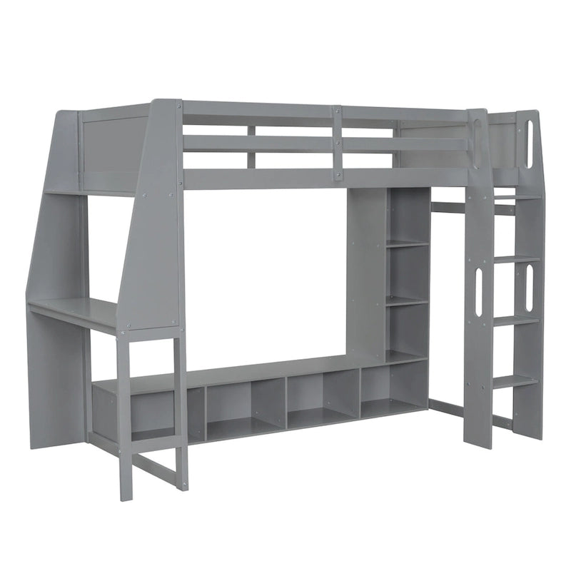 Twin Size Loft Bed Mulfunctional Wood Loft Bed w/Desk, Multi-storage Shelves, LED and Hanging Clothes Rack, No Box Spring Needed