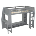 Twin Size Loft Bed Mulfunctional Wood Loft Bed w/Desk, Multi-storage Shelves, LED and Hanging Clothes Rack, No Box Spring Needed