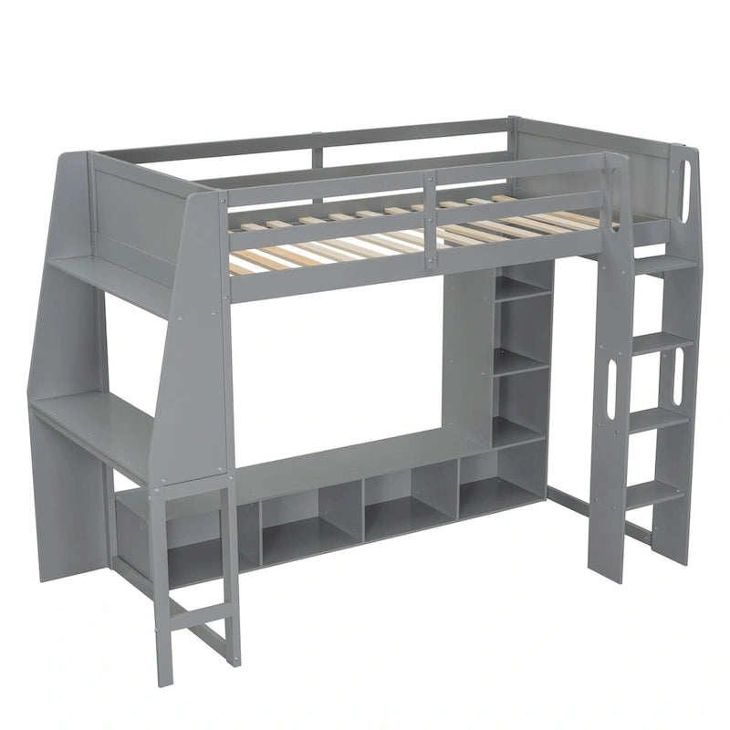Twin Size Loft Bed Mulfunctional Wood Loft Bed w/Desk, Multi-storage Shelves, LED and Hanging Clothes Rack, No Box Spring Needed