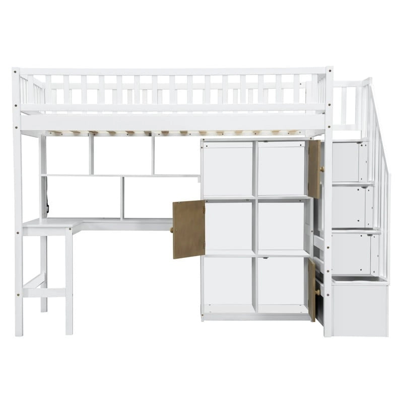 Twin Size Loft Bed with Bulit-in Desk, LED Light and Storage Staircase, Wooden Loft Bedframe with Storage Shelves and Cabinets