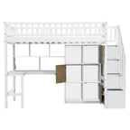 Twin Size Loft Bed with Bulit-in Desk, LED Light and Storage Staircase, Wooden Loft Bedframe with Storage Shelves and Cabinets
