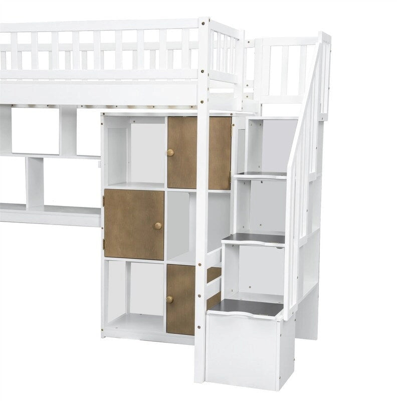 Twin Size Loft Bed with Bulit-in Desk, LED Light and Storage Staircase, Wooden Loft Bedframe with Storage Shelves and Cabinets
