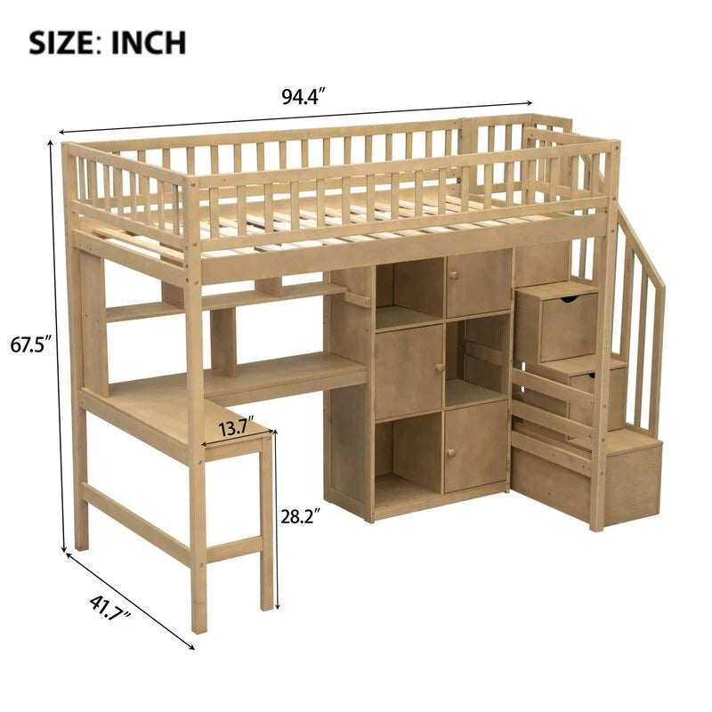 Twin Size Loft Bed with Bulit-in Desk, LED Light and Storage Staircase, Wooden Loft Bedframe with Storage Shelves and Cabinets