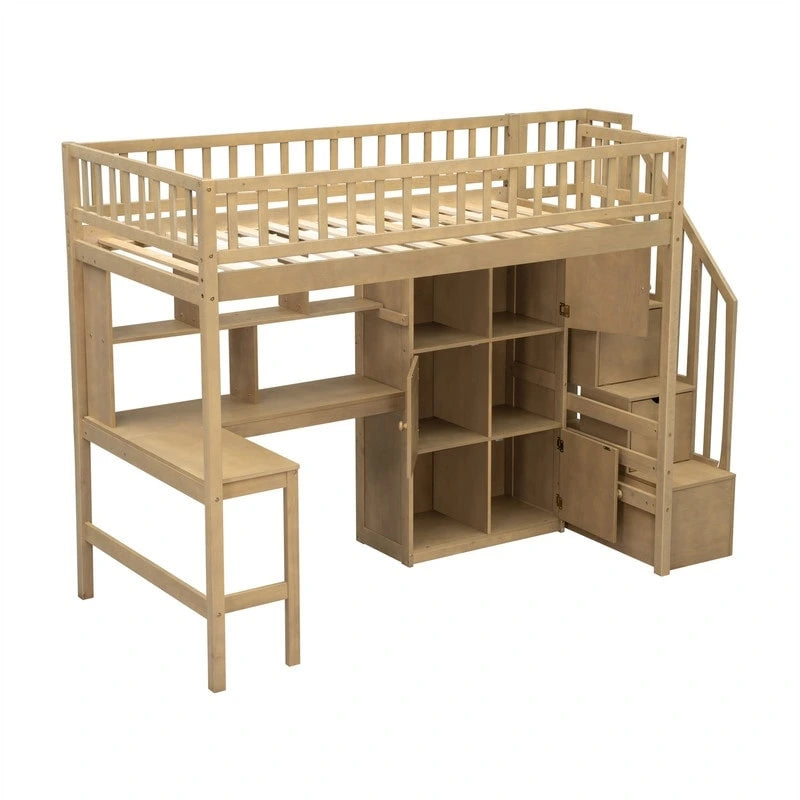 Twin Size Loft Bed with Bulit-in Desk, LED Light and Storage Staircase, Wooden Loft Bedframe with Storage Shelves and Cabinets
