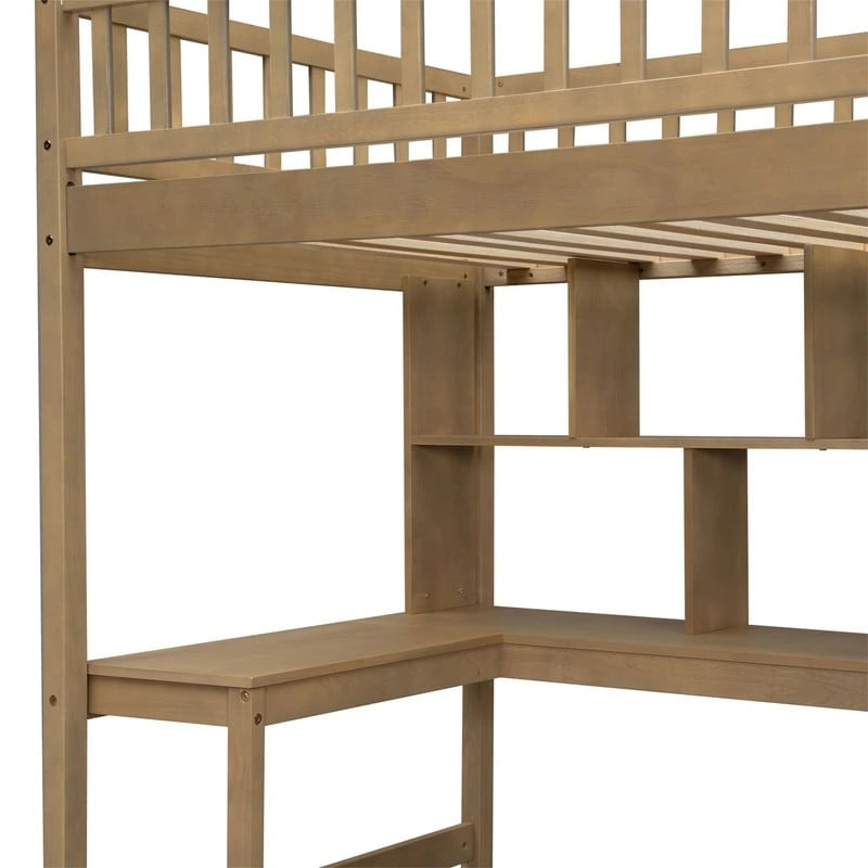 Twin Size Loft Bed with Bulit-in Desk, LED Light and Storage Staircase, Wooden Loft Bedframe with Storage Shelves and Cabinets