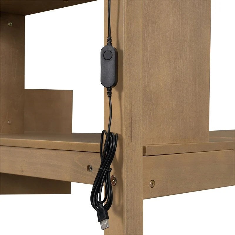 Twin Size Loft Bed with Bulit-in Desk, LED Light and Storage Staircase, Wooden Loft Bedframe with Storage Shelves and Cabinets