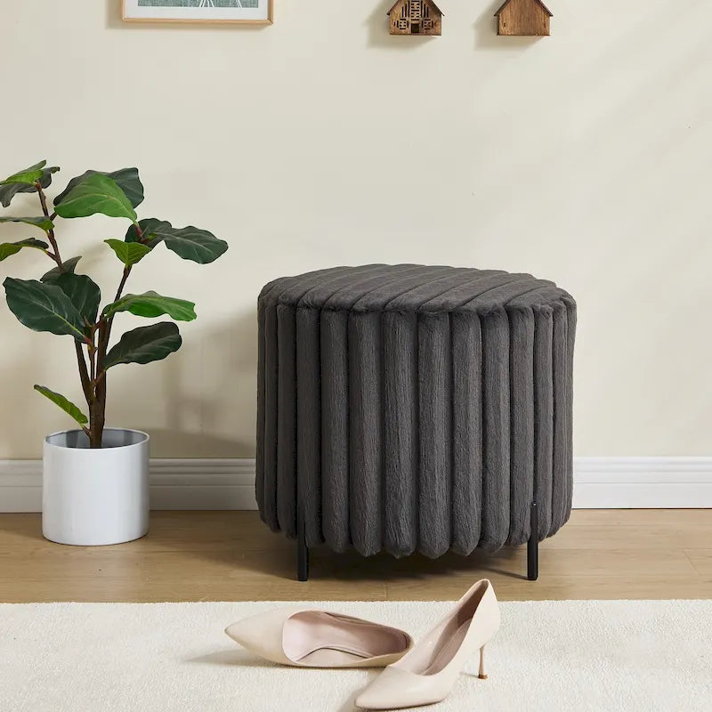 22.05Wide Upholstered Round Pouf Ottoman Foot Rest with Black Metal Legs