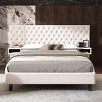 Low-Profile Platform Bed, Modern Velvet Upholstered Bed, Diamond Tufted Headboard Wingback Bed with 2 Nightstands Storage Bed