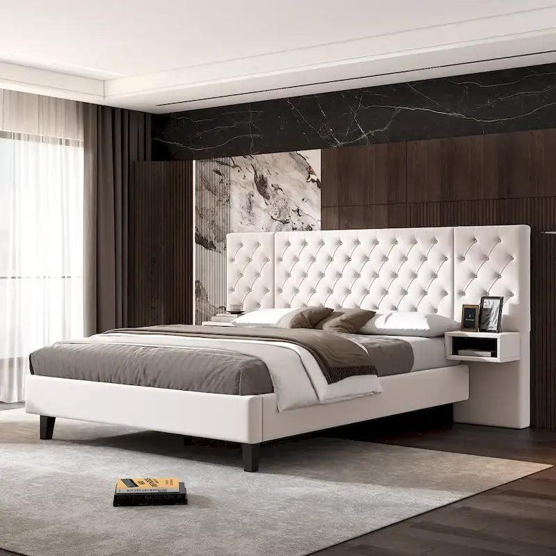 Low-Profile Platform Bed, Modern Velvet Upholstered Bed, Diamond Tufted Headboard Wingback Bed with 2 Nightstands Storage Bed