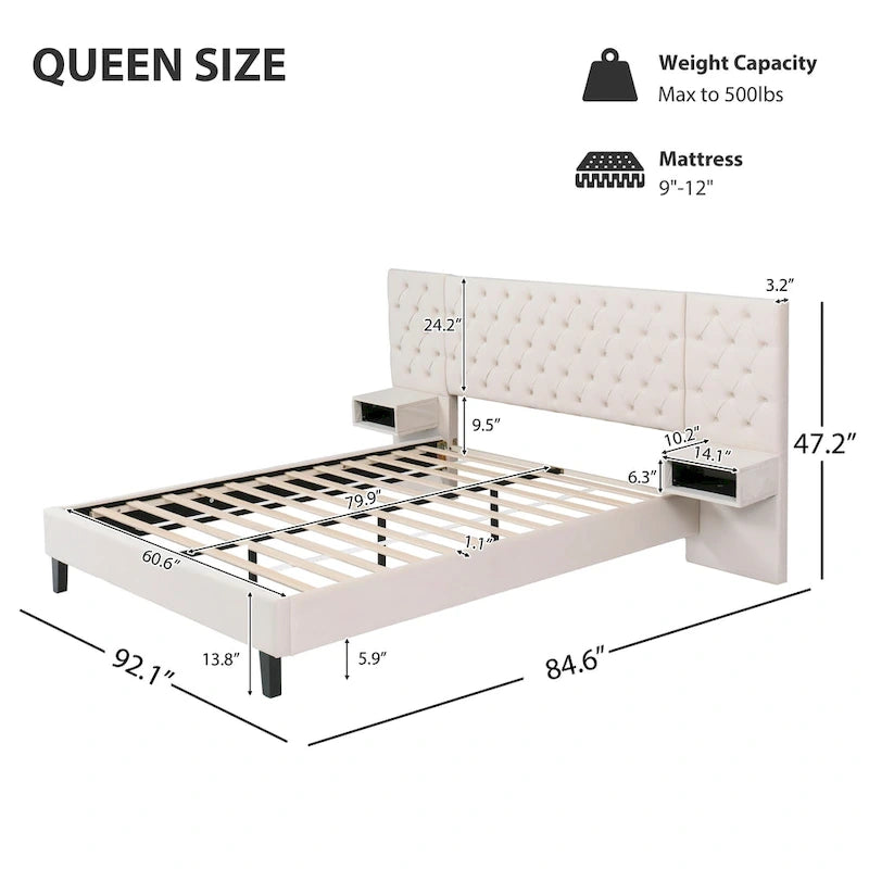 Low-Profile Platform Bed, Modern Velvet Upholstered Bed, Diamond Tufted Headboard Wingback Bed with 2 Nightstands Storage Bed