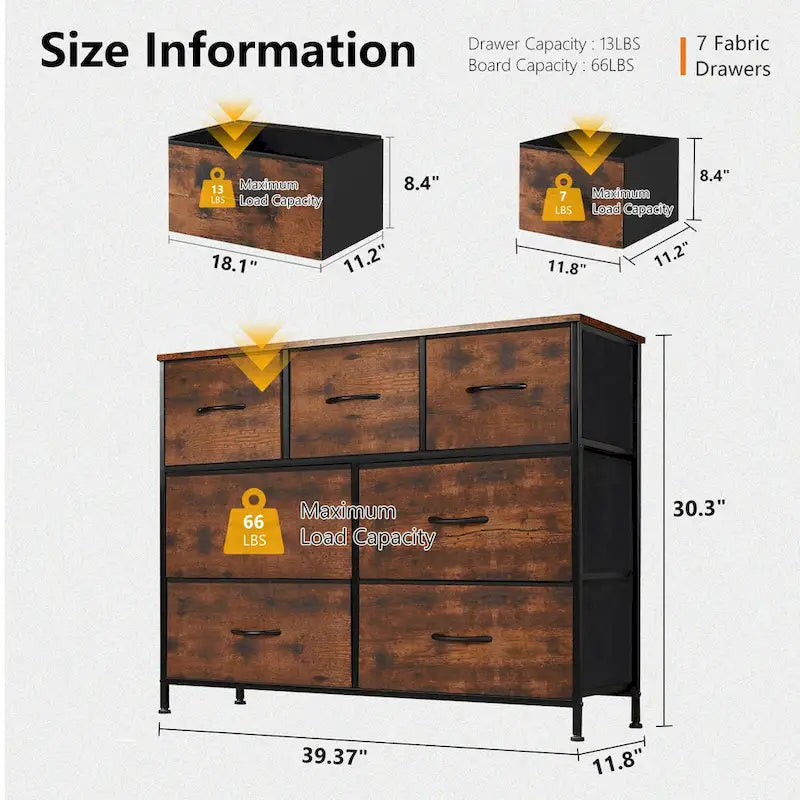 Freestanding 7-Drawer Chest of Drawers Chest Tower TV Stand with Wood Top for Closet Bedroom