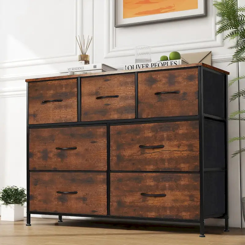 Freestanding 7-Drawer Chest of Drawers Chest Tower TV Stand with Wood Top for Closet Bedroom