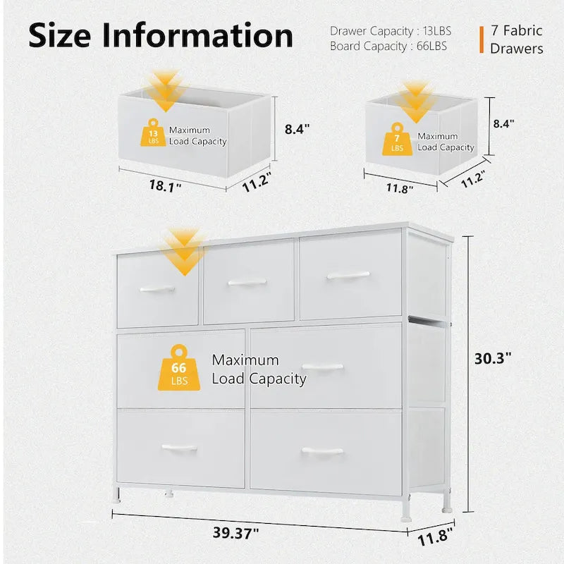Freestanding 7-Drawer Chest of Drawers Chest Tower TV Stand with Wood Top for Closet Bedroom