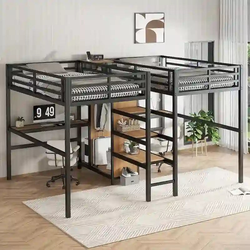 Twin Over Twin Metal Loft Bed with Double Desk and Wardrobe and Shelves with Electrical Outlet for Space Saving