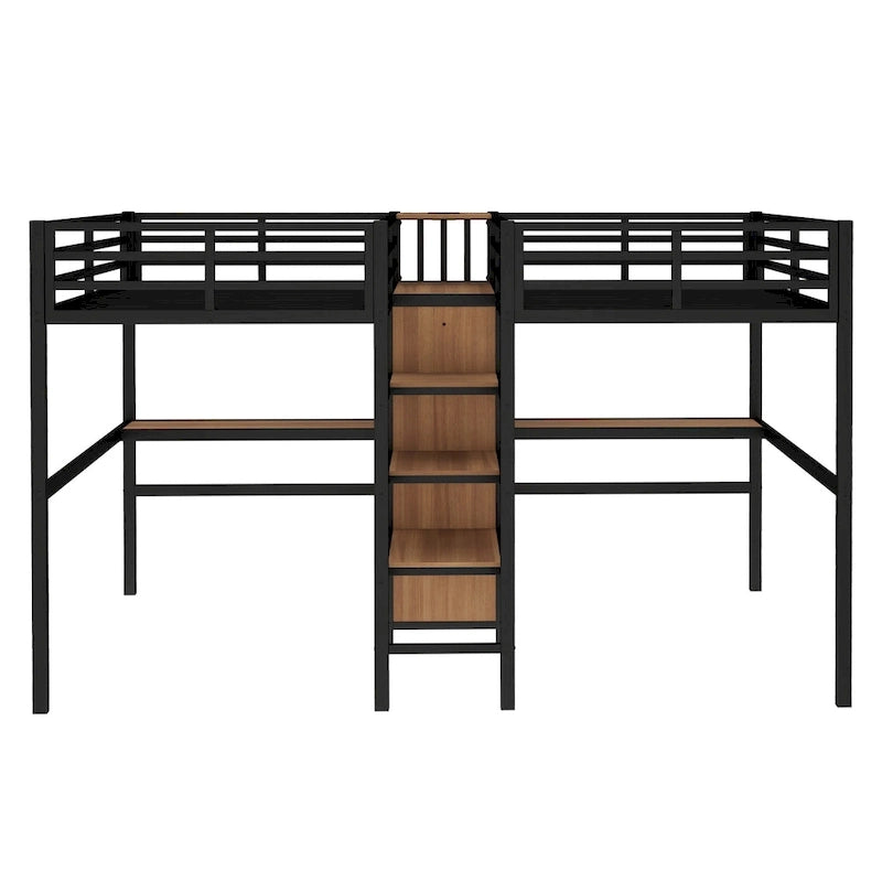 Twin Over Twin Metal Loft Bed with Double Desk and Wardrobe and Shelves with Electrical Outlet for Space Saving