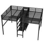 Twin Over Twin Metal Loft Bed with Double Desk and Wardrobe and Shelves with Electrical Outlet for Space Saving