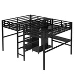 Twin Over Twin Metal Loft Bed with Double Desk and Wardrobe and Shelves with Electrical Outlet for Space Saving