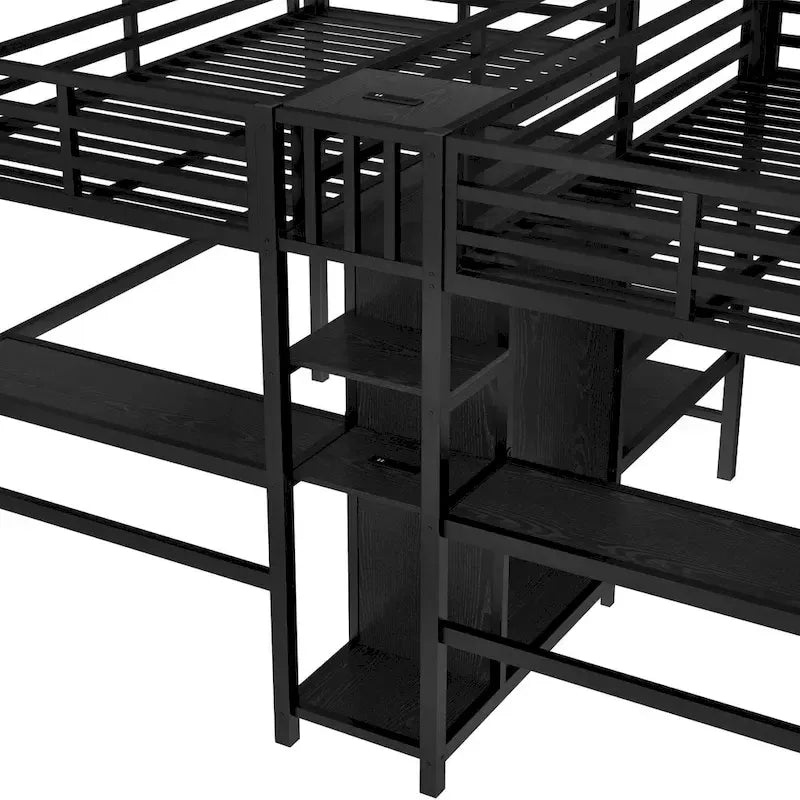 Twin Over Twin Metal Loft Bed with Double Desk and Wardrobe and Shelves with Electrical Outlet for Space Saving