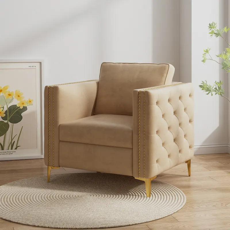Khaki Modern 35.4 Upholstered Button Tufted Arm Chair with Metal Legs and Nailheads for Living Room